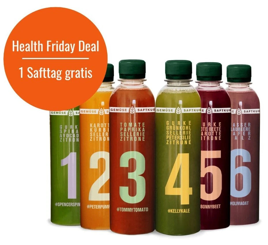 Freisteller mit den Gemüse Säften für den Health Friday Deal