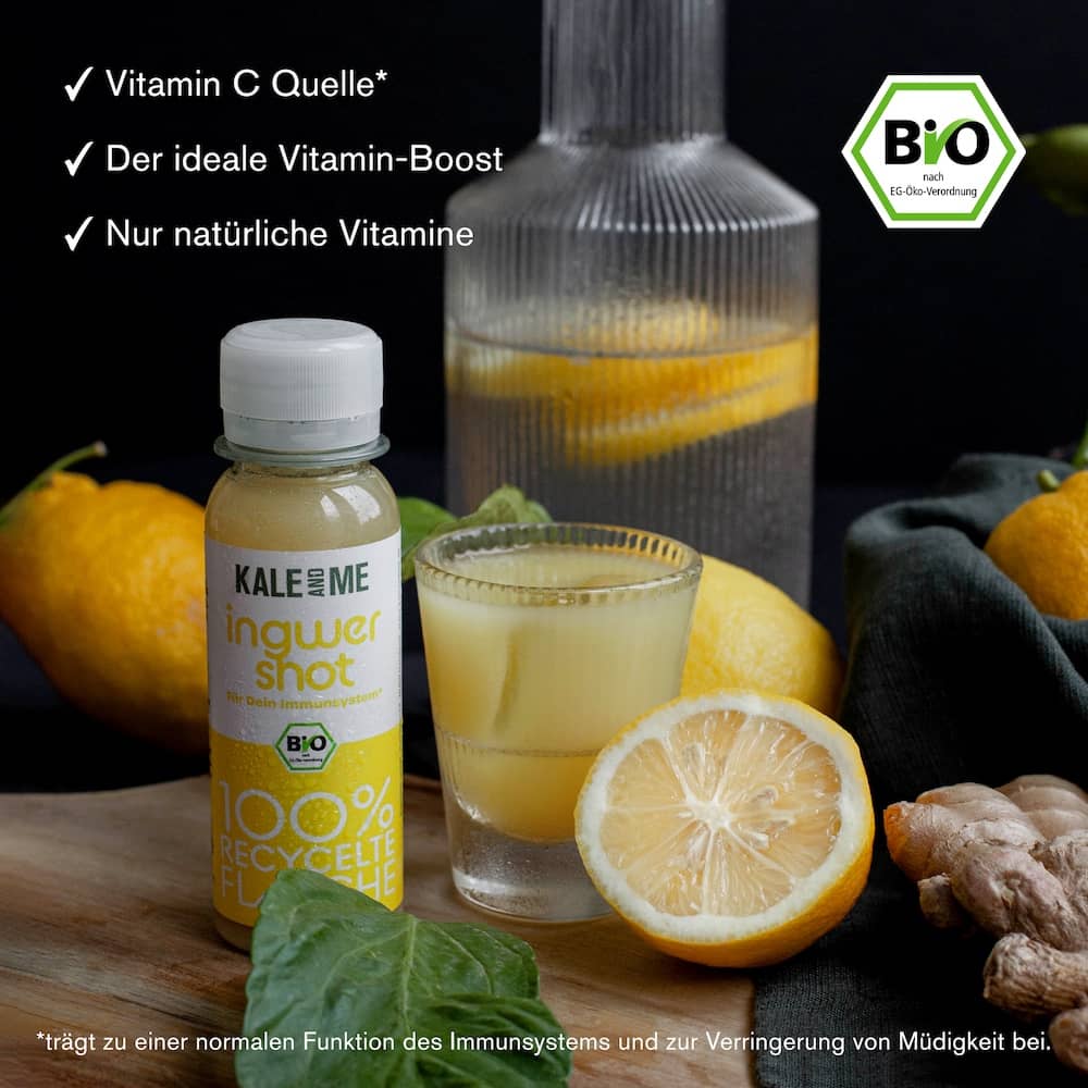 Bio Ingwer Shot, Vitamin C Quelle, natürliche Zutaten, kaltgepresst, Bio-Zertifizierung, Immunsystem Unterstützung.